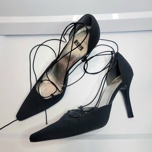 Stuart Weitzman Black Lace Up Strappy Pointed Toe Stiletto Heels Sz 9.5 B